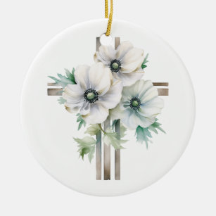 Witte anemoon bloem kruis keramisch ornament
