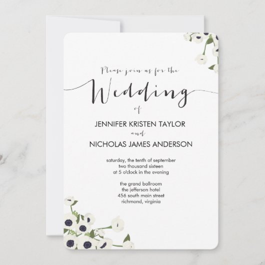 Witte Anemoon Bloem Vintage Huwelijksuitnodiging Kaart (Voorkant)