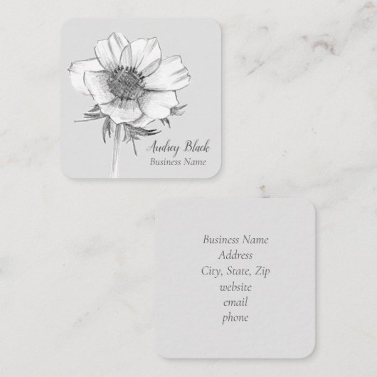 Witte Anemoon Bloem Zwart Grijs Botanisch Vierkante Visitekaartje (Voorkant / Achterkant)