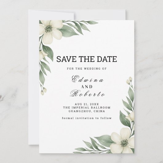 Witte Anemoon Bloemige Groene Save the Date Kaart (Voorkant)