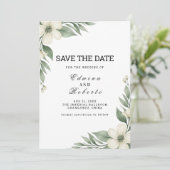 Witte Anemoon Bloemige Groene Save the Date Kaart (Staand voorkant)
