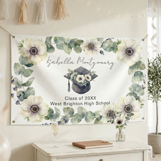 Witte Anemoon Eucalyptus Aquarel Afstudeerhoed Spandoek