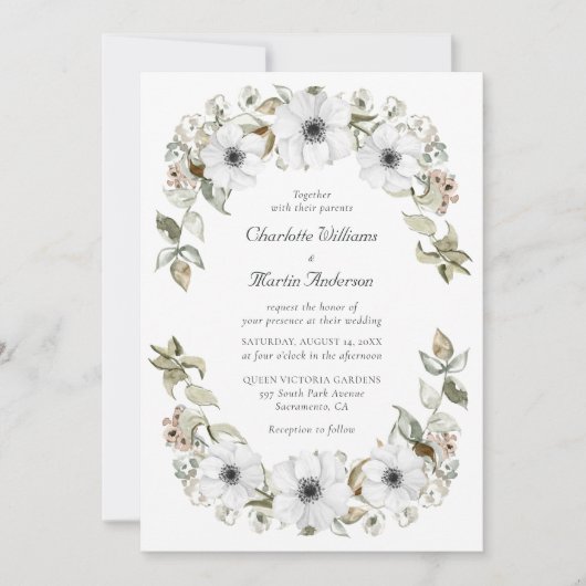 Witte Anemoon Krans Waterverf Boho Wedding Kaart (Voorkant)