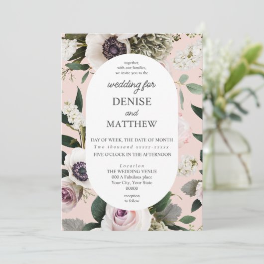 Witte Anemoon op Blush Roos bruiloft Kaart (Staand voorkant)