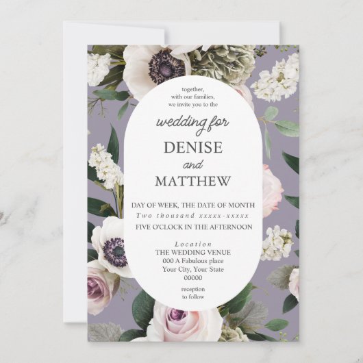 Witte Anemoon op Lavendel Grey Wedding Kaart (Voorkant)