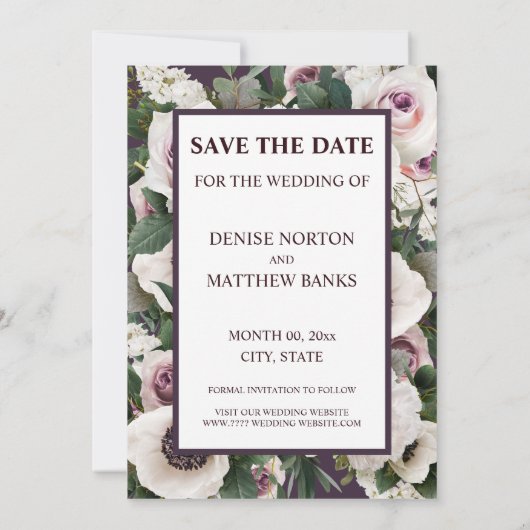 Witte Anemoon op Midnight Plum Save The Date Kaart (Achterkant)