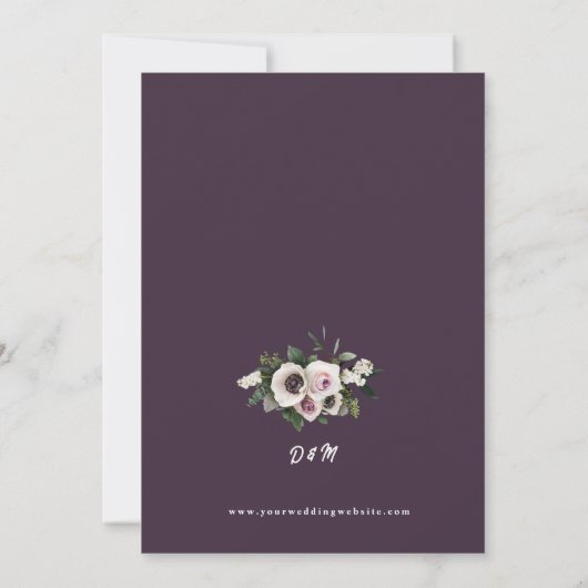 Witte Anemoon op Midnight Plum Wedding Kaart (Achterkant)
