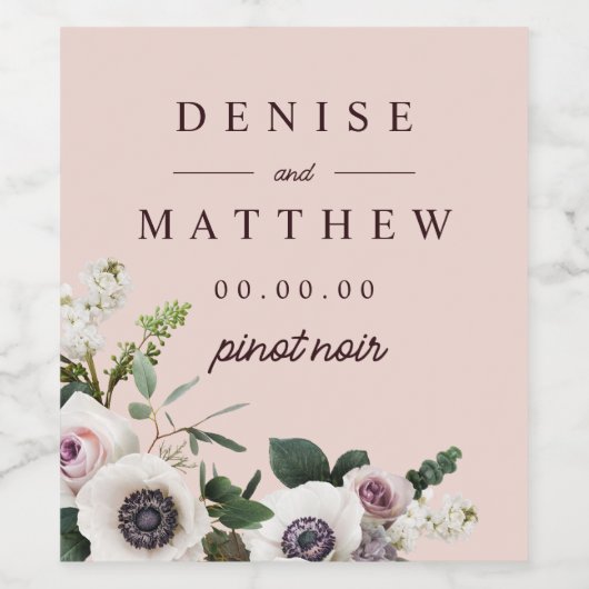 Witte Anemoon op Roos Blush Wijn Etiket (Enkel label)