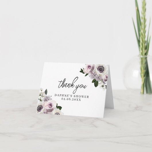 Witte Anemoon & Paarse Bloemige Bruidsmeisjesfeest Bedankkaart (Voorkant)