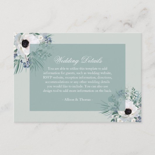 witte anemoon salie groene bruiloft details kaart (Voorkant)
