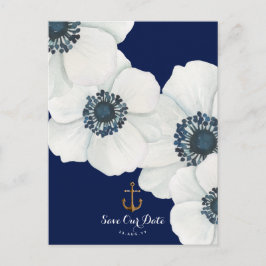 Witte Anemoon Zeevaart Navy + Anker Save the Date Aankondigingskaart