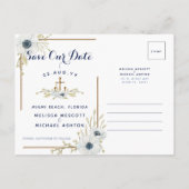 Witte Anemoon Zeevaart Navy + Anker Save the Date Aankondigingskaart (Achterkant)