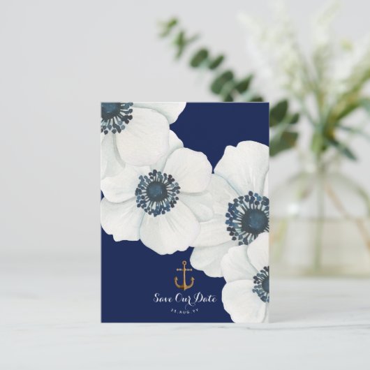 Witte Anemoon Zeevaart Navy + Anker Save the Date Aankondigingskaart (Staand voorkant)