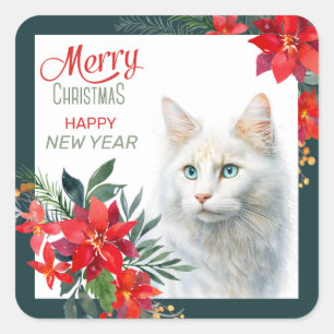Witte Angora Kat Poinsettia Grens Kerstmis Vierkante Sticker