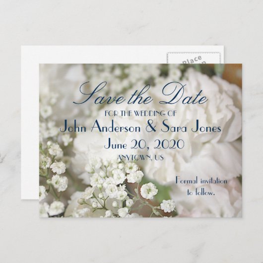 Witte anjers en baby's adem redden de data aankondigingskaart (Voorkant / Achterkant)