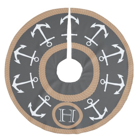 Witte anker en hellende nautische monogram kerstboom rok (Voorkant)