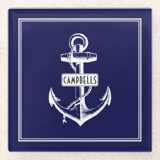 Witte  anker, lijst met de naam marineblauw glazen onderzetter (Voorkant)