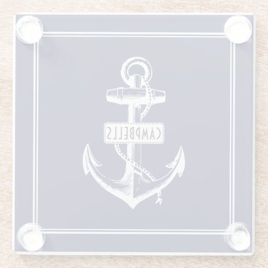 Witte  anker, lijst met de naam marineblauw glazen onderzetter (Achterkant)