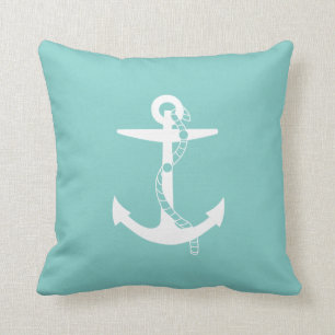 Witte anker met touw   Blauwgroen marien blauw Kussen