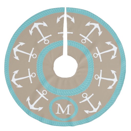 Witte ankers en Blauwgroen hellingsmonogram Kerstboom Rok (Voorkant)