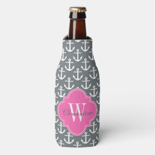Witte ankers, Hot Pink 1I Naam Monogram Flesjeskoeler (Fles Voorkant)