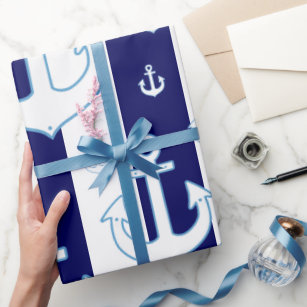 Witte ankers & marineblauwe strepen, nautisch cadeaupapier