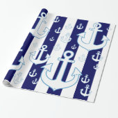 Witte ankers & marineblauwe strepen, nautisch cadeaupapier (Uitgerold)