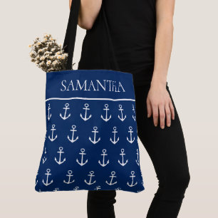 Witte ankers op een marineblauwe gepersonaliseerde tote bag
