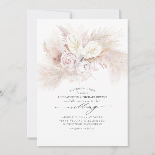Witte Anthurium en Pampas Gras Elegante bruiloft Kaart (Voorkant)