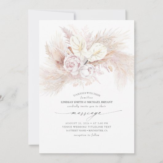 Witte Anthurium en Pampas Grass Elegant huwelijk Kaart (Voorkant)