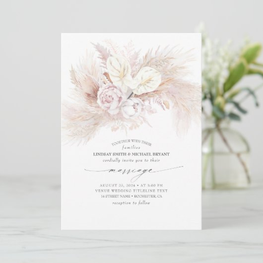 Witte Anthurium en Pampas Grass Elegant huwelijk Kaart (Staand voorkant)