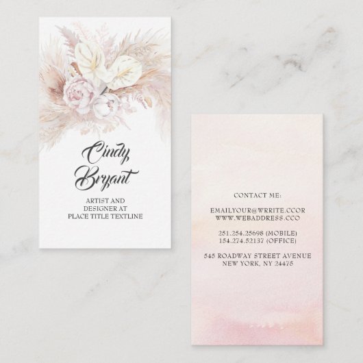 Witte Anthuriums Pampas Grass en Stoffige Roze Roz Visitekaartje (Voorkant / Achterkant)