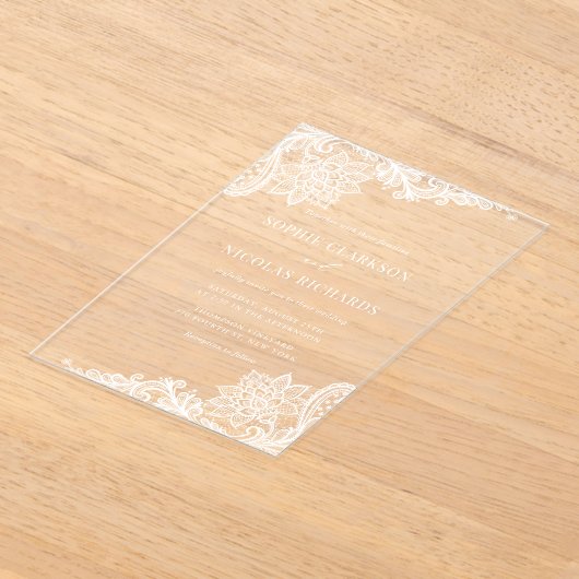 Witte Antiek Kant Elegante bruiloft Acryl Uitnodigingen (Laagn)