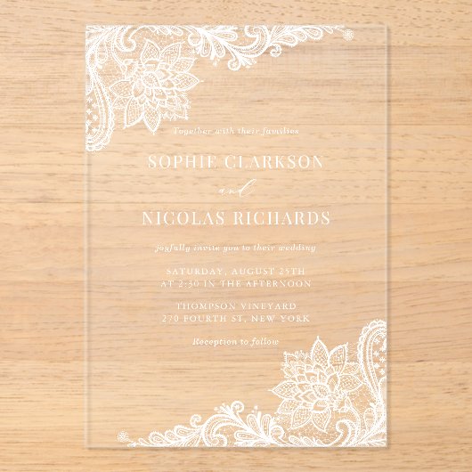 Witte Antiek Kant Elegante bruiloft Acryl Uitnodigingen (Voorkant)