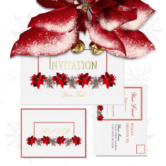 Witte antwoordkaart met rode poinsettia's folie feestdagen briefkaart