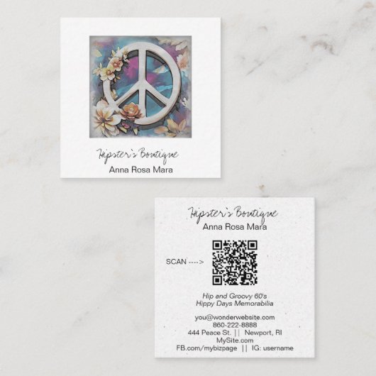 *~* Witte AP57 QR Vredesbord Bloemen Grunge Boho Vierkante Visitekaartje (Voorkant / Achterkant)