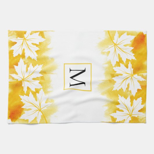 Witte appelbladgele waterverf wasmachine, monogram theedoek (Horizontaal)