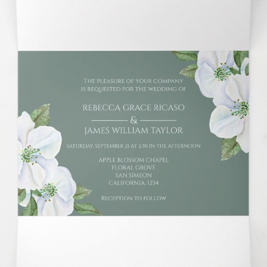 Witte appelbloesem alles in één bruiloft uitnodigi drieluik wenskaart (Binnenkant midden)