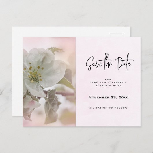 Witte Apple Blossom Foto sparen de Datum Uitnodiging Briefkaart (Voorkant / Achterkant)