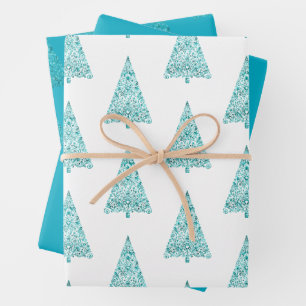 Witte Aqua Blue Sparkle kerstboom Inpakpapier Vel