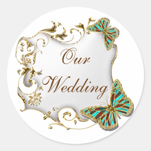 Witte aqua gouden gunstelzegels ronde sticker (Voorkant)