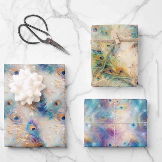 Witte Aqua gouden pauwenveren Inpakpapier Vel (Voorkant)