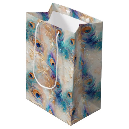 Witte Aqua gouden pauwenveren Medium Cadeauzakje (Voorkant Gekanteld)