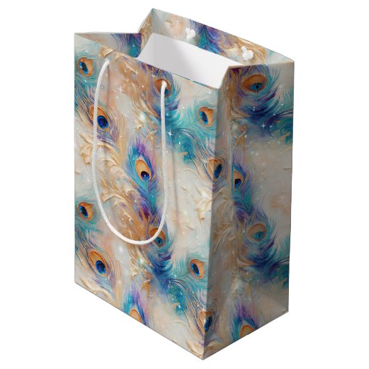 Witte Aqua gouden pauwenveren Medium Cadeauzakje (Achterkant Gekanteld)