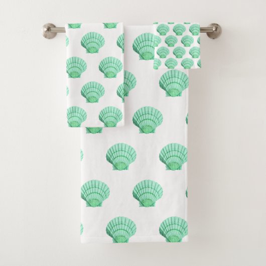 WITTE AQUA GROEN SEASHELL BATHROOM TOWEL SET BAD HANDDOEK (Insitu)