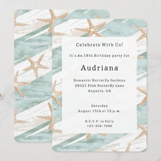 Witte Aqua Starfish Beach Verjaardag Kaart (Voorkant / Achterkant)