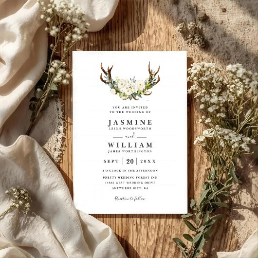 Witte Aquarel Bloemen Gewei QR Code Bruiloft Kaart