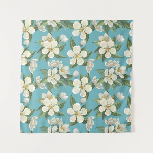 Witte Aquarel Bloemen Groene Bladeren Wandkleed (Voorkant)