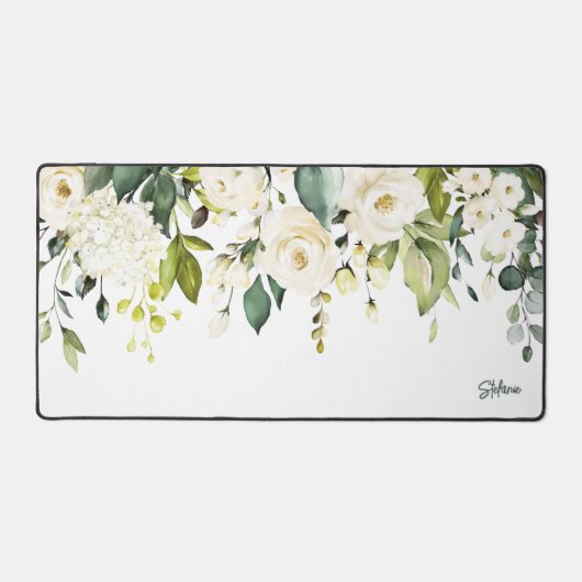 Witte Aquarel Hydrangea en Rozen Gepersonaliseerd Bureaumat (Voorkant)