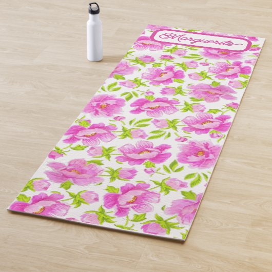 Witte Aquarel Pioenrozen Bloemige Gepersonaliseerd Yogamat (In situ)